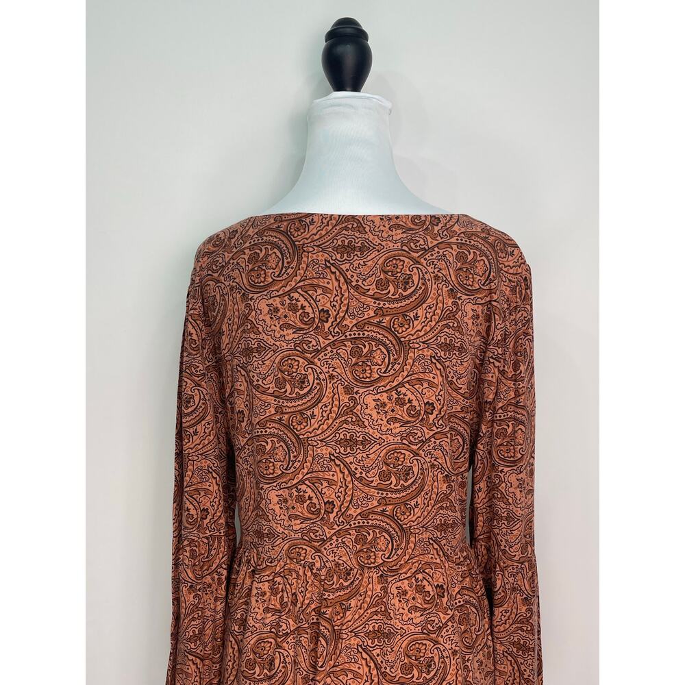 Lucky Brand Burnt Orange Paisley Tiered Midi Dress Long Sleeve Boho Chic Size M - Picture 4 of 11